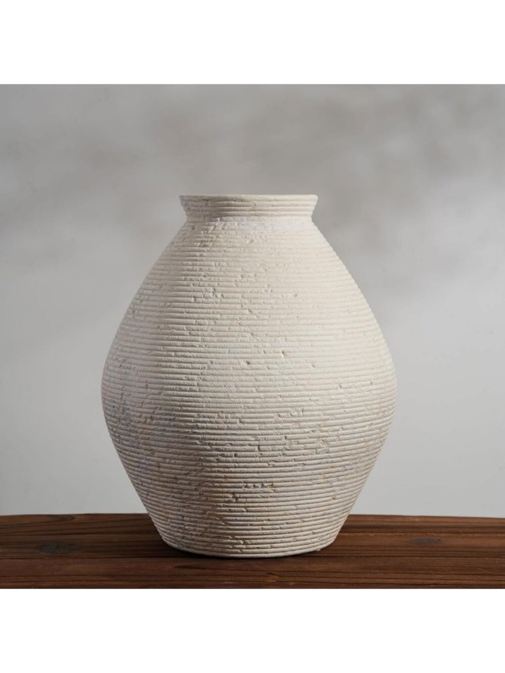 Large White Distressed Ceramic Floor Vase - Rustic Ribbed Decor for Pampas Grass